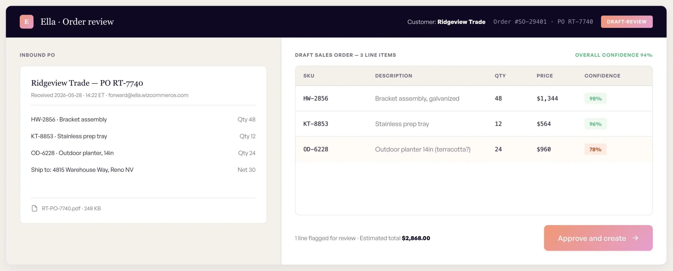 Ella UI — draft order review with confidence scoring