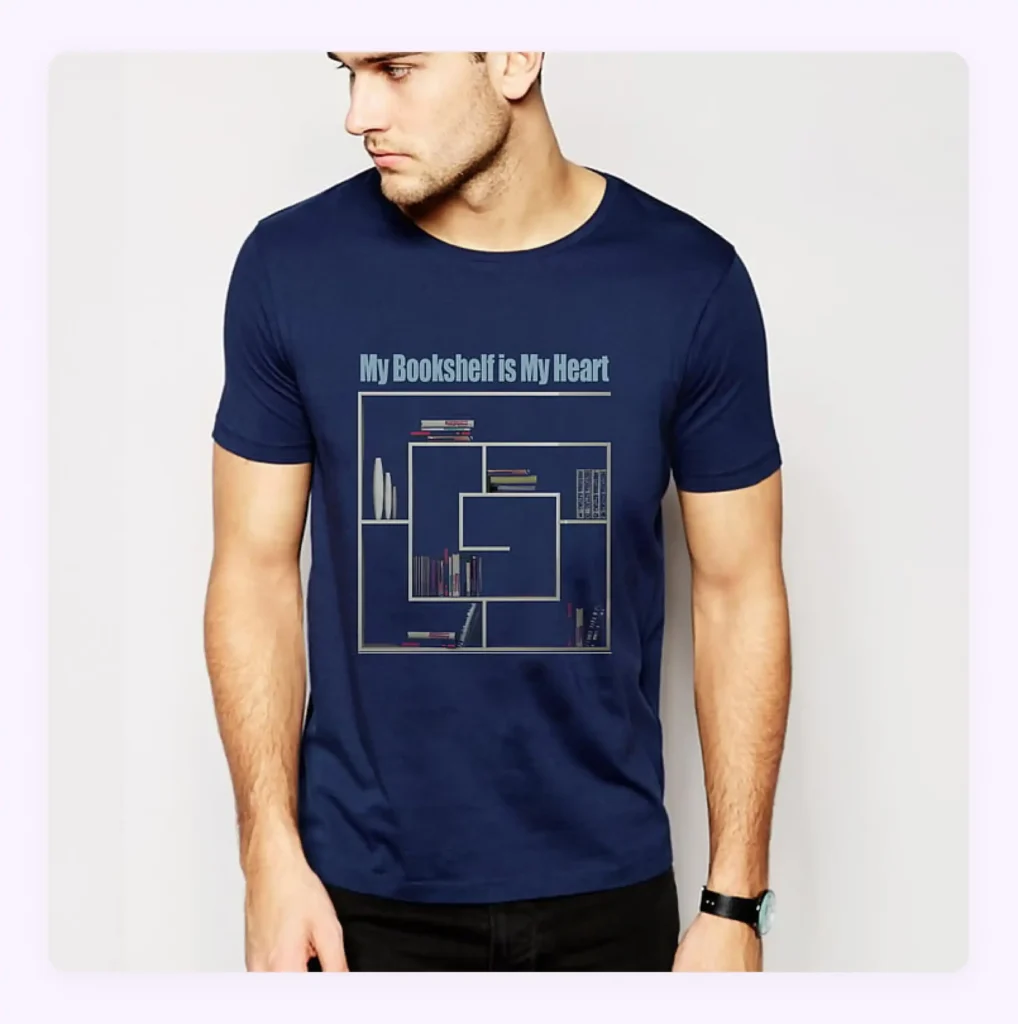 A model wearing casual navy blue t-shirt during a product photography shoot 