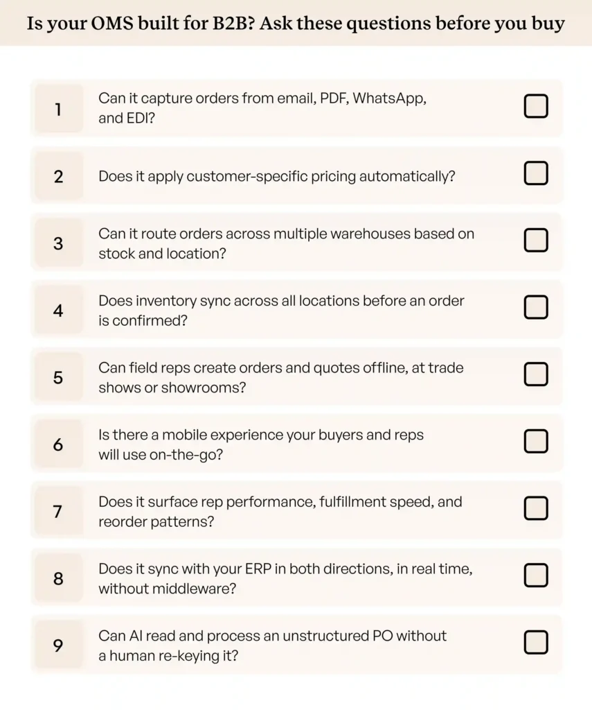 Nine questions B2B wholesalers and distributors should ask when evaluating order management software Nine questions B2B wholesalers and distributors should ask when evaluating order management software