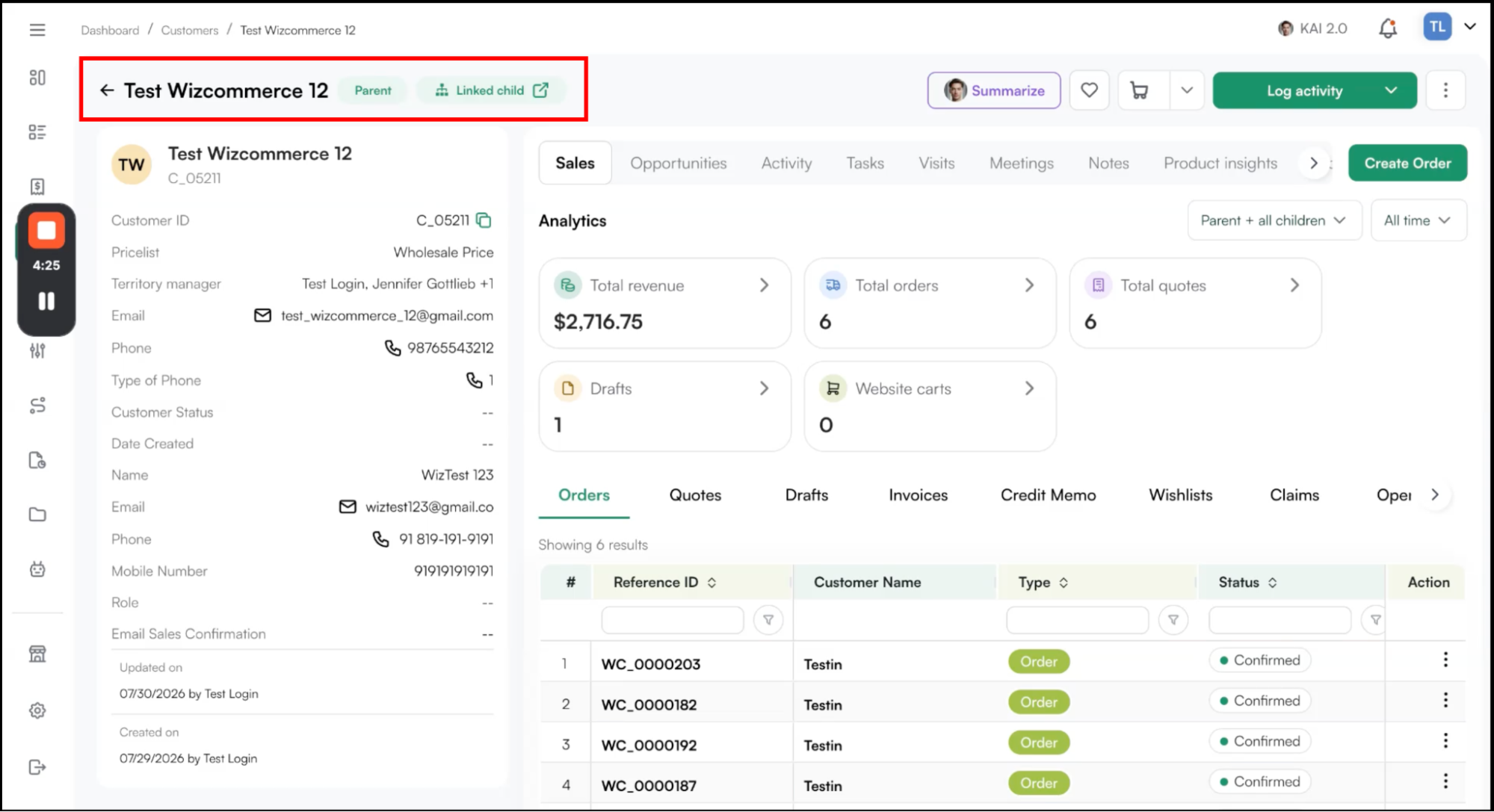 Parent-Child Analytics in WizOrder