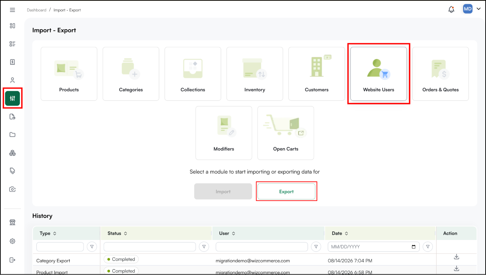 Export Web User in Wizshop